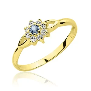 Złoty pierścionek kwiatek akwamaryn i cyrkonie próba 585