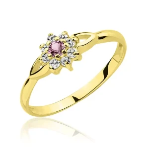 Złoty pierścionek kwiatek ametyst i cyrkonie 585