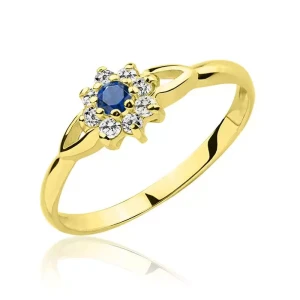 Pierścionek złoty kwiatuszek szafir i cyrkonie próba 585