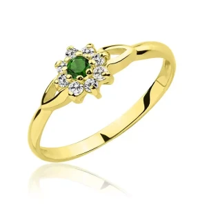Pierścionek złoty kwiatek szmaragd i cyrkonie próba 585