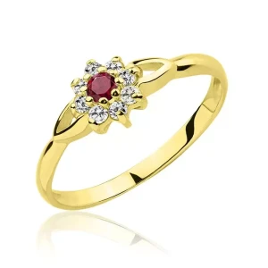 Złoty pierścionek z rubinem i cyrkoniami kwiatek próba 585