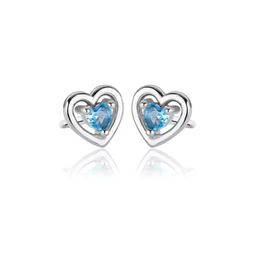 Kolczyki srebrne serca błękitna cyrkonia wkrętki rodowane