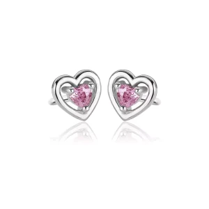 Kolczyki srebrne z różową cyrkonią serce serduszka wkrętki rodowane