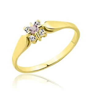 Pierścionek złoty kwiatek różowa i biała cyrkonia próba 585/ Pamiątka komunii