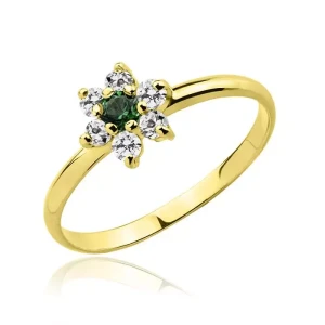 Pierścionek złoty kwiatek ze szmaragdem i cyrkoniami 585