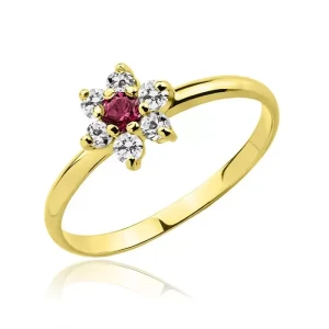 Złoty pierścionek z kwiatkiem rubin i cyrkonie próba 585/ Pierścionek dla dziewczynki