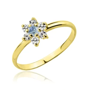 Pierścionek złoty kwiatek z akwamarynem i cyrkoniami 585 klasyczny