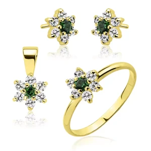 Złoty komplet kolczyki  pierścionek i zawieszka kwiatek szmaragd z cyrkoniami 585