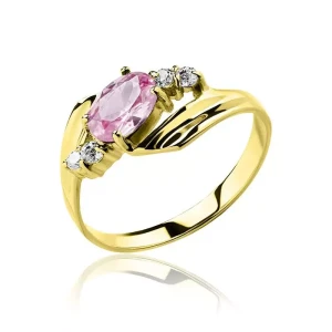 Pierścionek złoty różowa cyrkonia duży kamień próba 585
