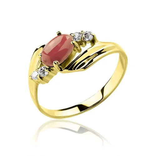 Pierścionek złoty z koralem i cyrkoniami owalny kamień próba 585