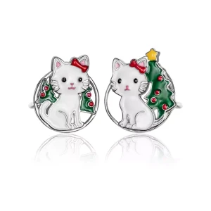 Kolczyki srebrne kotki i choinka asymetryczne dla dzieci wkrętki