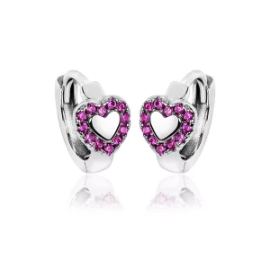 Kolczyki srebrne dla dziewczynki kółka serce z cyrkoniami zapięcie zatrzask