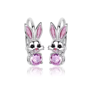 Kolczyki srebrne zajączki angielskie zapięcie/ kolczyki dla dzieci z różową cyrkonią