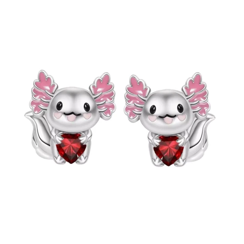 Kolczyki srebrne aksolotl / wodny smok / rubinowa cyrkonia próba 925 sztyft