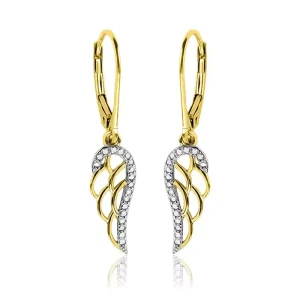 Złote kolczyki wiszące skrzydła z cyrkoniami próba 585