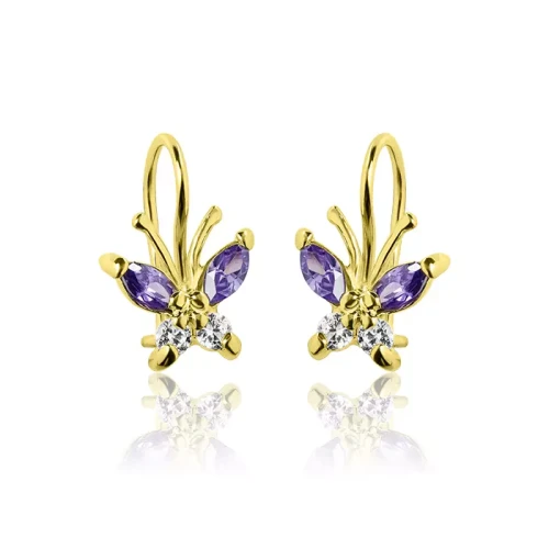 Złote kolczyki motylki z liliowymi cyrkoniami na biglu dla dziewczynki