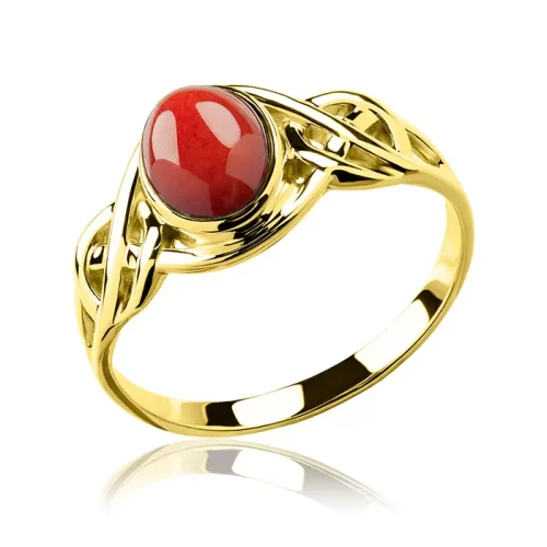 Złoty pierścionek z koralem ażurowy próba 585