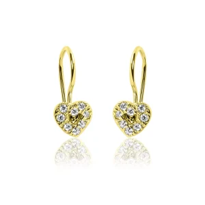 Złote kolczyki dla dziewczynki serduszka z cyrkoniami 585 na chrzest, Komunia