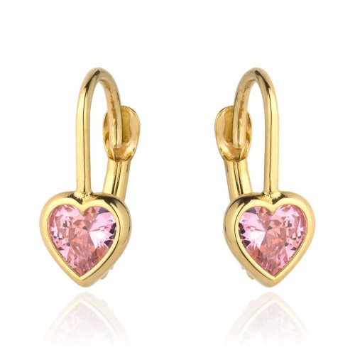 Kolczyki złote dla dziewczynki serca różowa cyrkonia angielskie zapięcie 585