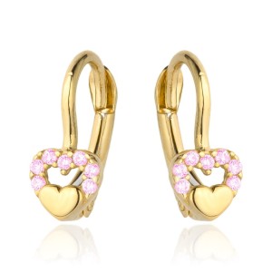 Złote kolczyki dla dziewczynki na chrzest, komunię serduszko różowa cyrkonia angielskie