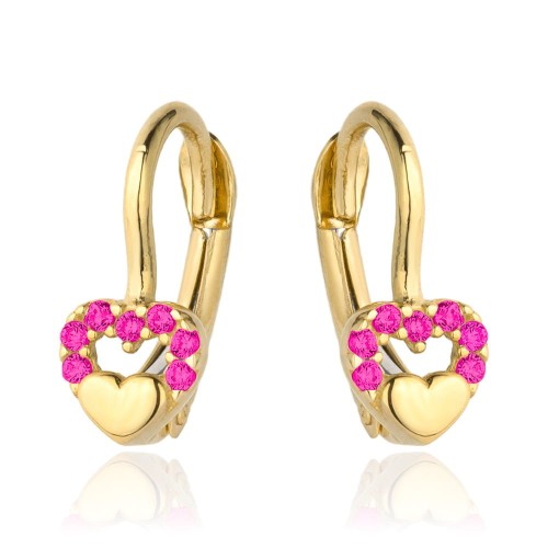 Kolczyki złote wypukłe serduszko w sercu z purpurowych cyrkonii