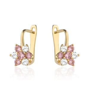 Kolczyki złote dla dziewczynki kwiatki z białą i różową cyrkonią angielskie próba 585