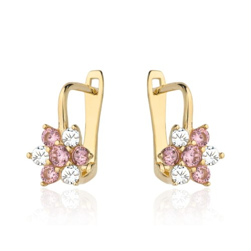 Kolczyki złote dla dziewczynki kwiatki z białą i różową cyrkonią angielskie próba 585