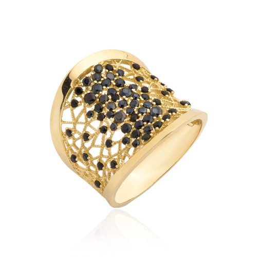 Pierścionek złoty ażurowy z czarnymi kamieniami