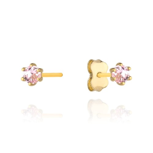Kolczyki złote z różową cyrkonią dla dziewczynki próba 585 sztyft