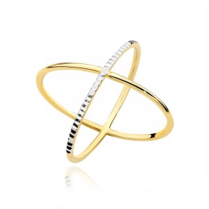 Pierścionek złoty X z diamentowaniem w białym złocie