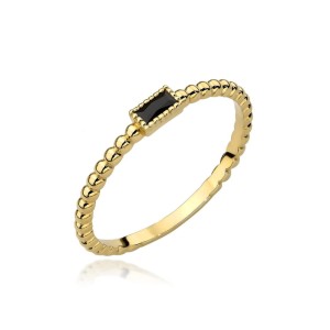 Pierścionek złoty kuleczki i prostokąt z czarnym kamieniem 585