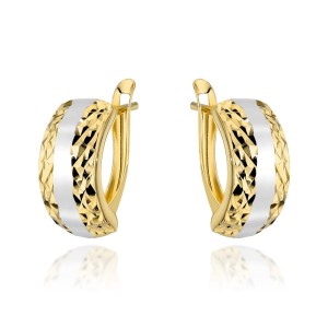 Kolczyki złote z diamentowaniem i białym rodowaniem zaokrąglone