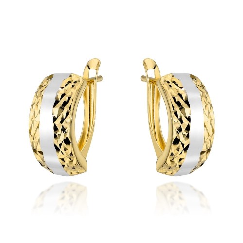 Kolczyki złote z diamentowaniem i białym rodowaniem zaokrąglone