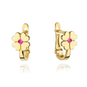 Kolczyki złote czterolistna koniczyna z różową cyrkonią