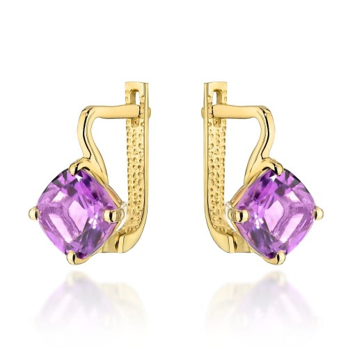 Kolczyki złote z kolekcji "COLORFUL STONE" z eleganckim zapięciem - ametyst kwadrat