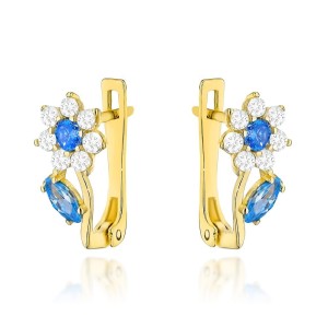 Kolczyki złote kwiatki z niebieskimi cyrkoniami