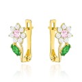 Kolczyki złote kwiatki z różową i zieloną cyrkonią