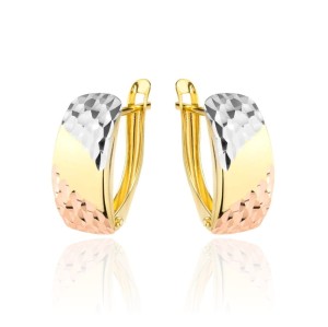 Kolczyki złote prostokąt częściowo diamentowany trzy kolory złota