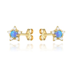 Kolczyki złote gwiazdki z cyrkoniami i kamień opalit