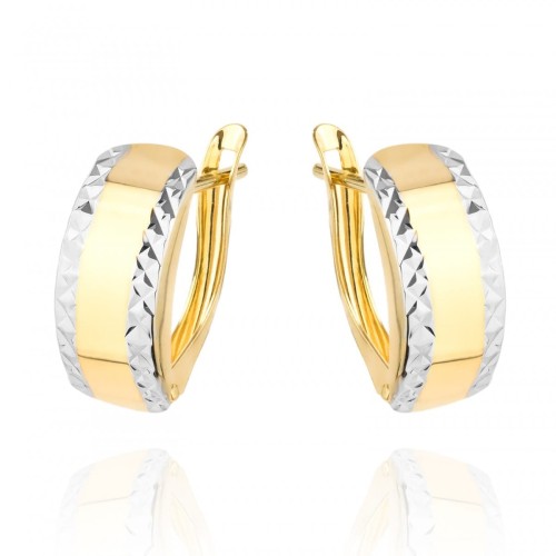 Kolczyki złote diamentowane na obu brzegach dwa kolory złota zaokrąglone