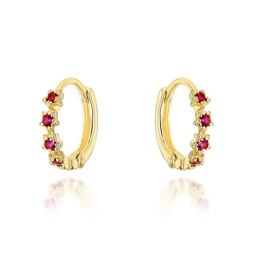 Kolczyki złote kwiatki z cyrkoniami w kolorze fuksji na kreolu