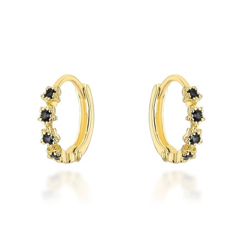 Kolczyki złote kwiatki z czarnymi cyrkoniami na kreolu