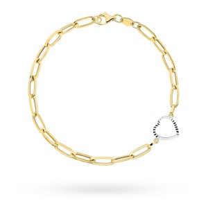 Bransoletka złota długie ogniwa i diamentowane serce w dwóch kolorach złota