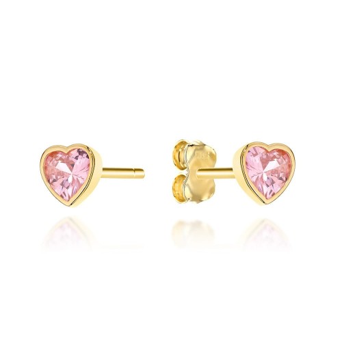 Kolczyki złote serduszka z różowym kamieniem dla dziewczynki na chrzest 585