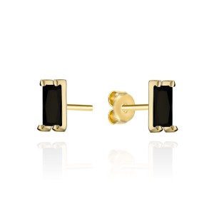 Kolczyki złote prostokąty z czarnym kamieniem na sztyfcie