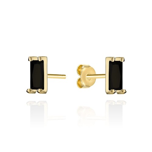 Kolczyki złote prostokąty z czarnym kamieniem na sztyfcie
