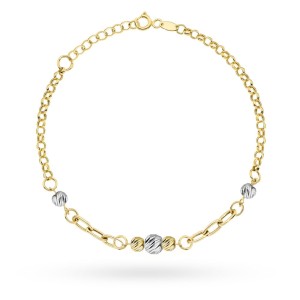 Bransoletka złota z owalami i diamentowanymi kulkami w dwóch kolorach złota