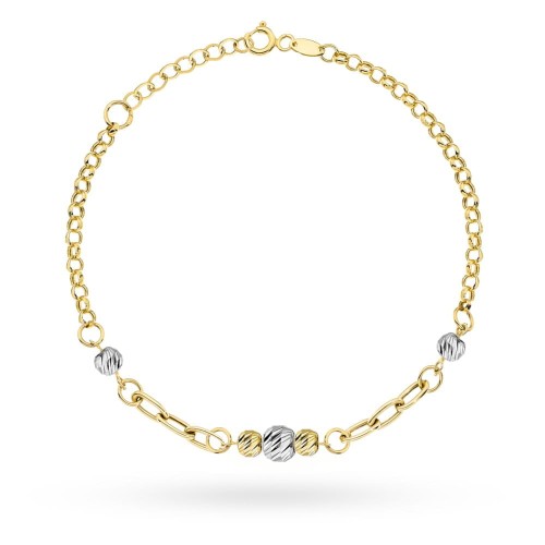 Bransoletka złota z owalami i diamentowanymi kulkami w dwóch kolorach złota