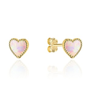 Kolczyki złote serduszka z różowym opalitem na sztyfcie