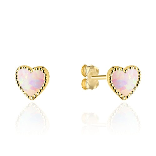 Kolczyki złote serduszka z różowym opalitem na sztyfcie